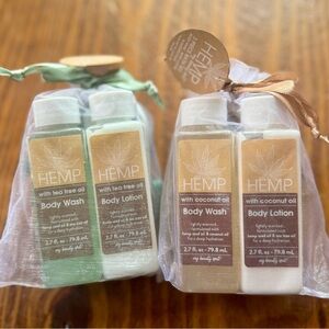 Two 3-piece Bath Sets - Hemp Body Wash and Lotion with Shower/Bath Pouf- 2 sets